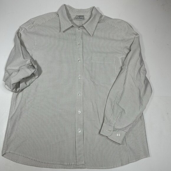 Vtg Allison Daley Women Striped Tan White Button Up Shirt Roll Tab Sleeve Sz 16 - Picture 3 of 5